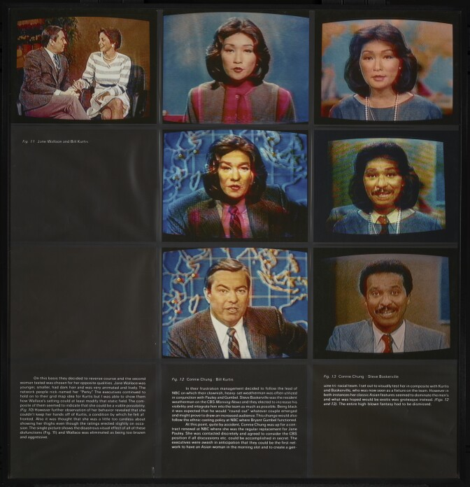 Robert Heinecken, American, 1931–2006.
"A Case Study in Finding an Appropriate TV Newswoman" (A CBS Docudrama in Words and Pictures) (detail), 1984. Dye bleach prints.Framed: 112.4 X 108 cm (44 1/4 X 42 1/2 in.)
Hammer Museum, Los Angeles. Partial purchase through The Board of Overseers Acquisition Fund and Partial Gift of Marc Selwyn © The Robert Heinecken Trust