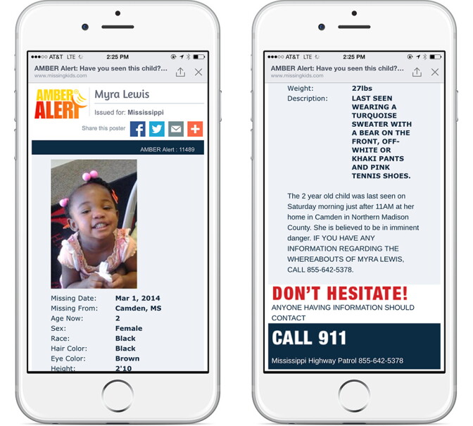 An example of Facebook's AMBER alert integration.