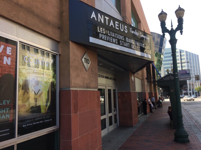Antaeus Theatre’s marquee is has a black background, with white letters, like the classic theatres of the 1910s. But it’s a trapezoid shape with big letters that can be read from a car driving by. Photo credit: Adriana Cargill
