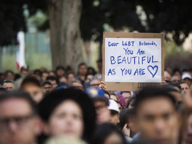 Thousands attend a vigil on Monday, June 13, 2016 at Los Angeles City Hall memorializing those who died in Sunday's attack in Orlando.