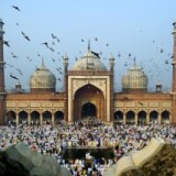 Indian Muslims perform congregational Eid al-Adha morning prayers at the Jama Masjid mosque in New Delhi.