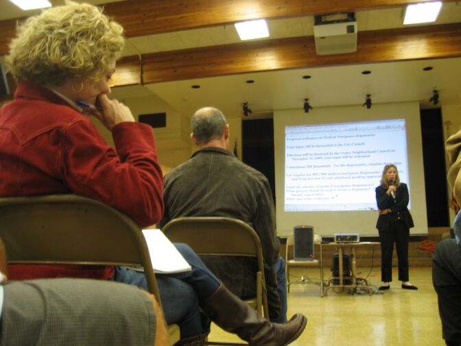 A representative from the L.A. City Attorney's Office speaks to a Venice Neighborhood Council Town Hall about medical marijuana.