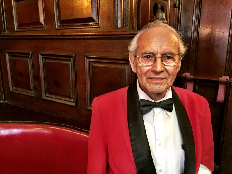 Waiter Alonzo "Panama" Castillo has worked at Musso & Frank for 42 years. He's part-time now and  says he might retire soon, "but then where would I get my exercise?!"