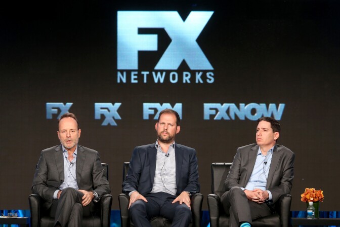 (L-R) John Landgraf, CEO, FX Networks & FX Productions and Presidents, FX Networks & FX Productions Nick Grad and Eric Schrier, speak onstage during the Executive Session of the FX portion of the 2017 Winter Television Critics Association Press Tour at Langham Hotel on January 12, 2017 in Pasadena, California.