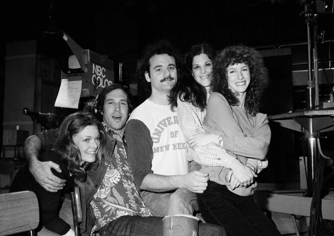 File: Comedian Chevy Chase, second from left, joins cast of NBC-TV's "Saturday Night Live," Feb. 16, 1978 in New York. Others are, from left, Jane Curtin, Bill Murray, Gilda Radner, and Laraine Newman. 

