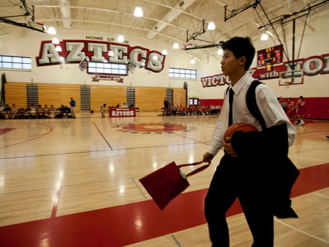 Capital appreciation bonds also funded a new gymnasium. The Aztecs prepare to play on Friday, Dec. 7.
