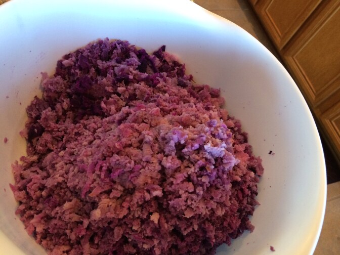 Grated purple yams, or ube, for the Filipino dish known as ube halaya.