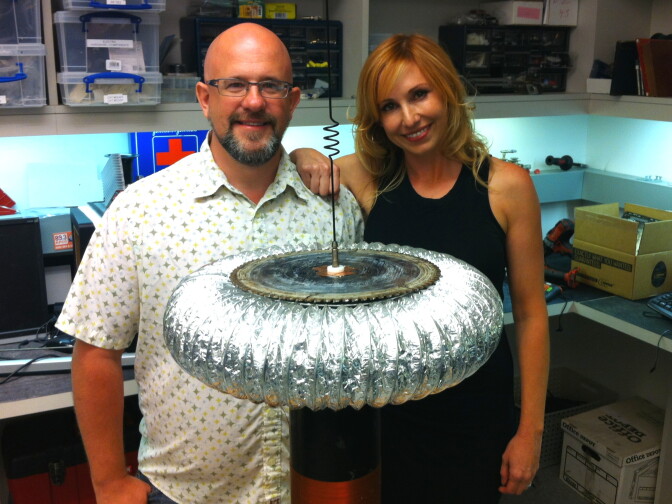 KPCC Chief Engineer Lance Harper with his Tesla coil and Mythbuster Kari Byron in the KPCC engineering workshop.