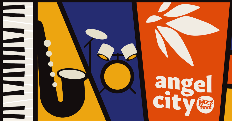 A brightly colored graphic for the Angel City Jazz Fest with illustrations of a piano, sax and drums.