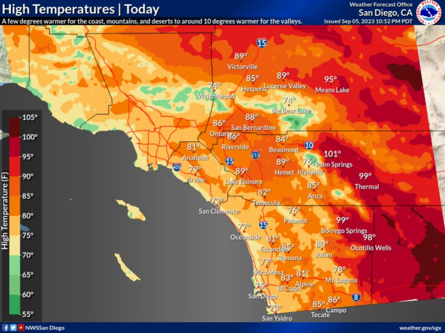 A geothermal map of Southern California in shades of orange to red that indicate the inland temps-- green spots represent mountain temps