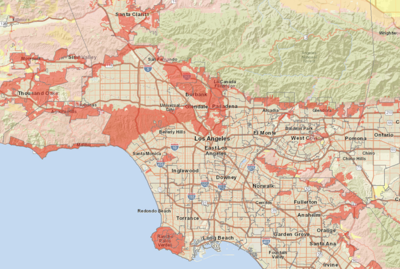 A map of the L.A. areas shows most of the region in light red with pockets of deeper red in largely hilly or mountainous areas.