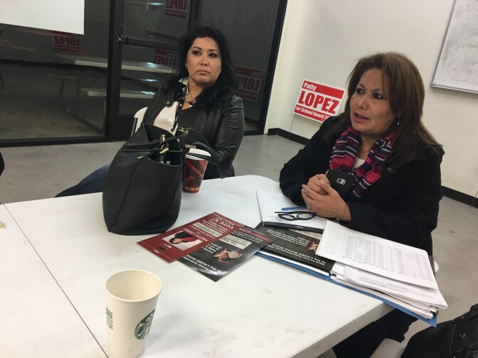 L.A. school board candidate Patty Lopez, right, speaks during a meeting of her supporters on Sunday, March 5.