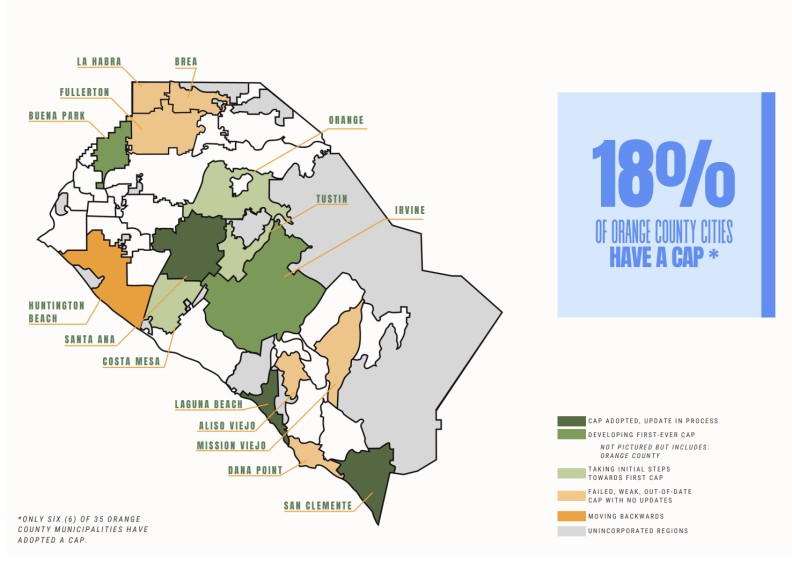 A map of Orange County showing which cities have adopted or are developing climate action plans.