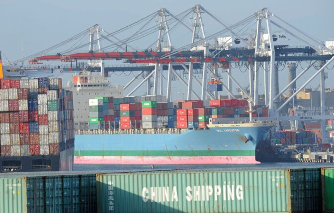 A container is off loaded from a ship at the Port of Los Angeles in San Pedro, California on May 12, 2010.