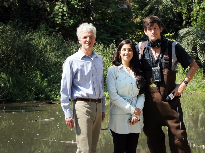 At Baldwin Lake at the LA County Arboretum & Botanic Garden in Arcadia: CEO Richard Schulhof;  Margaux Viera, Arboretum trustee and member of the Save Baldwin Lake Task Force; and KPCC's John Rabe. Aug. 23, 2016.