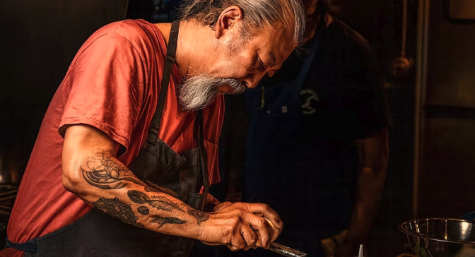 A man with a medium-dark skin tone, long gray hair in a ponytail, and a long gray goatee leans over his work at the counter, his tattooed arms visible as he prepares a dish.