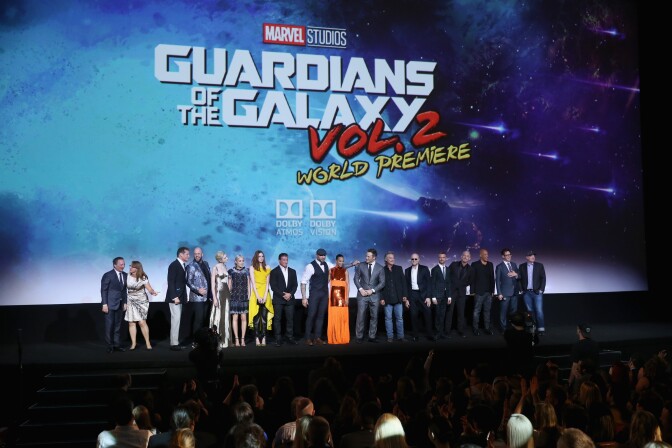 HOLLYWOOD, CA - APRIL 19:  (L-R) Executive producers Louis D'Esposito, Victoria Alonso, actors David Hasselhoff, Chris Sullivan, Elizabeth Debicki, Pom Klementieff, Karen Gillan, Sylvester Stallone, Dave Bautista, Zoe Saldana, Chris Pratt, Kurt Russell, Michael Rooker, Sean Gunn, Tommy Flanagan, Vin Diesel, director James Gunn and Producer and President of Marvel Studios Kevin Feige at The World Premiere of Marvel Studios Guardians of the Galaxy Vol. 2. at Dolby Theatre in Hollywood, CA April 19th, 2017  (Photo by Jesse Grant/Getty Images for Disney)