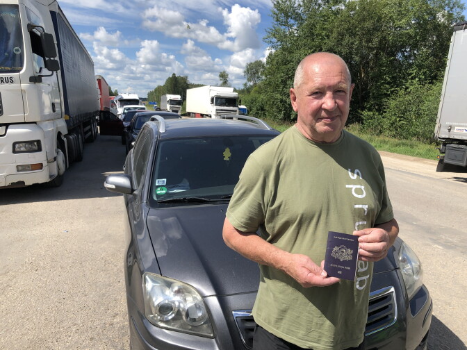 Anatoly Chibaterevsky waits to cross the border from Terehova, Latvia, into Russia to attend his brother's funeral in Volgograd in southwest Russia, Aug. 3. Chibaterevsky is one of tens of thousands of "Latvian noncitizens" who are essentially stateless. They're typically ethnic Russians who were moved here by the Soviet Union during the Soviet occupation of Latvia that lasted until 1991.