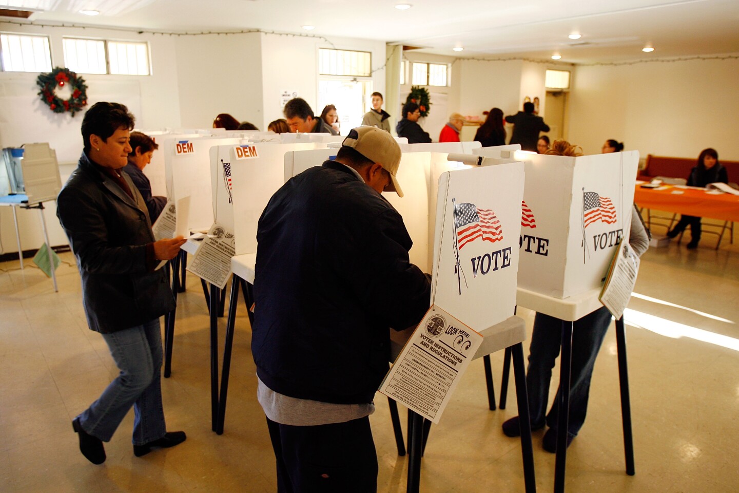 LOS ANGELES, CA - FEBRUARY 05:  Voters go to the polls for Super Tuesday primaries in the predominantly Latino neighborhood of Boyle Heights on February 5, 2008 in Los Angeles, California. Latinos are an increasingly important factor in California where they are expected to account for 14 percent of the vote and tend to favor presidential hopeful Sen. Hillary Clinton (D-NY) over rival Sen. Barack Obama (D-IL). At 44 million, Latinos make up15 percent of the US population, the nation's largest minority group according to the latest Census Bureau estimates.  (Photo by David McNew/Getty Images)