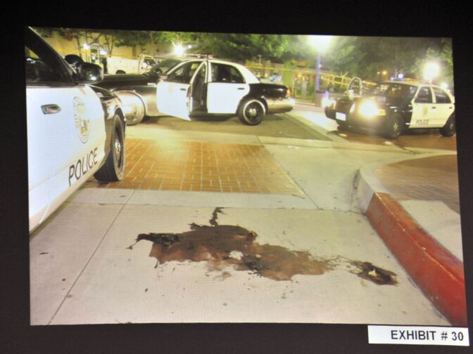 A crime scene investigator's photograph gives some insight into what the scene looked like in the immediate aftermath of an altercation between Kelly Thomas, a homeless man in Fullerton, and police officers on July 5, 2011. (File Photo)