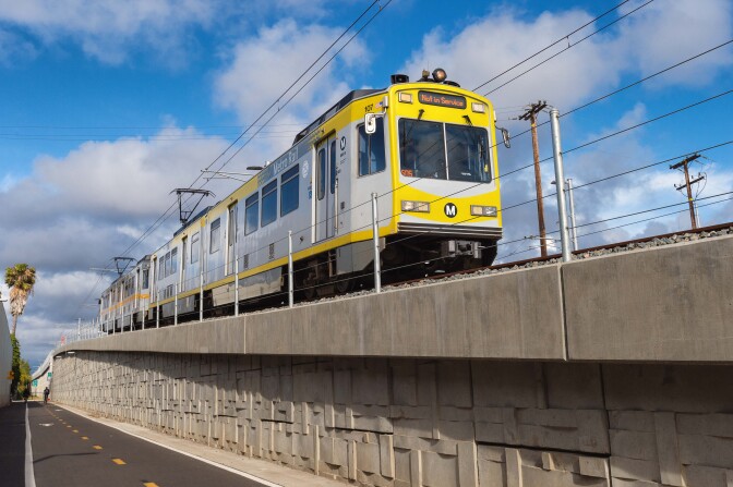 A test train travels west of Bundy in Santa Monica along the new Expo Line extension on May 6, 2016.