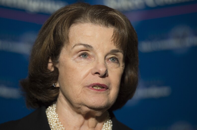 Vice Chair of the US Senate Select Committee on Intelligence Senator Dianne Feinstein (L), D-California, speaks after attending a closed committee hearing on Capitol Hill in Washington, DC, November 17, 2015.  AFP PHOTO / JIM WATSON        (Photo credit should read JIM WATSON/AFP/Getty Images)