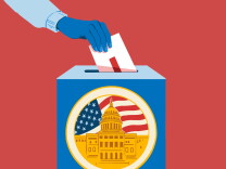 Graphic of a person's hand placing a ballot in a ballot box decorated with the U.S. Capitol Building with an American flag in the background.