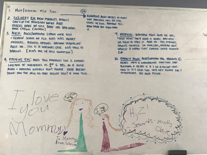 A kid’s drawing on a storyboard in the office of "Grey’s Anatomy" Producer Zoanne Clack.