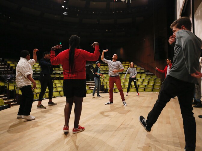 Students in rehearsal for the 2016 August Wilson Monologue Competition held at the Center Theatre Group/Mark Taper Forum on January 30, 2016, in Los Angeles, California.