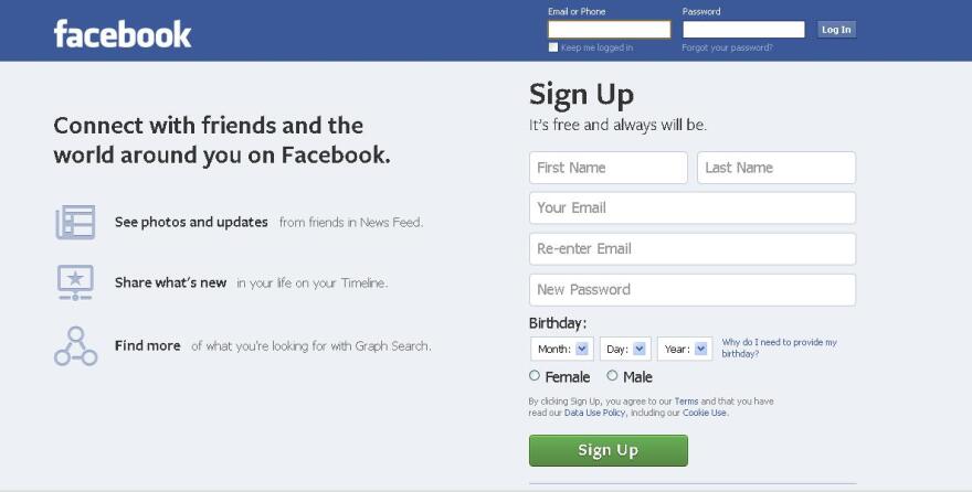 A screenshot of the Facebook homepage.
