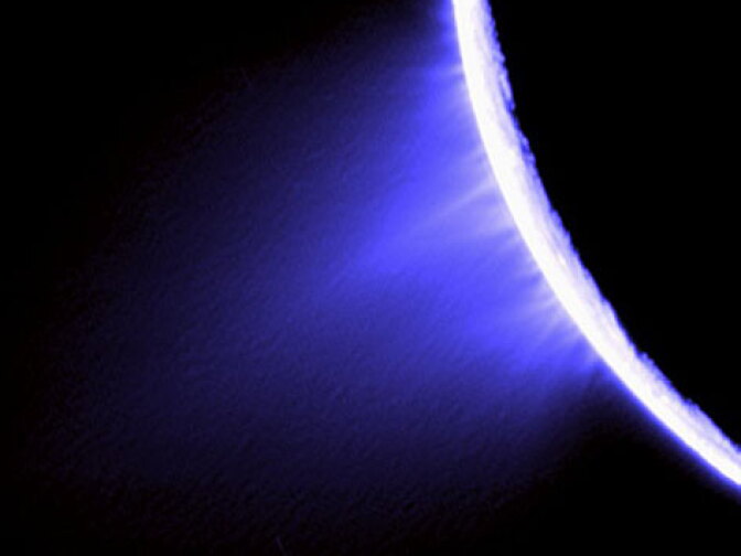 Jets of water vapor and ice escape the gravitational forces of Saturn's moon Enceladus and enter space.