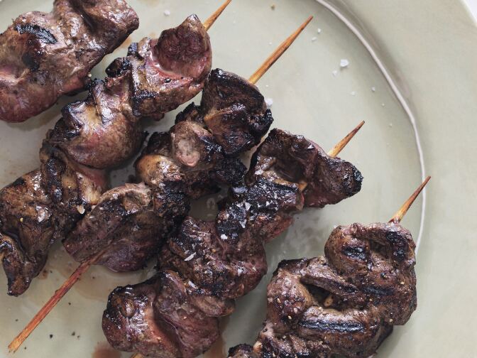 Grilled Lamb Hearts and Liver with Spicy Chimichurri from the Paleo Foodie Cookbook.