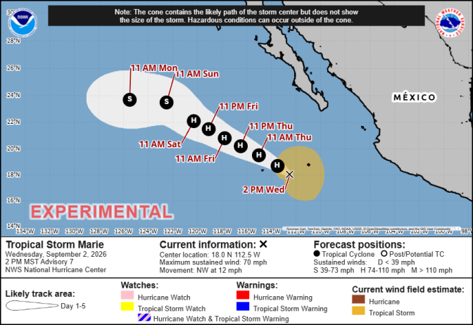 NOAA forecast map shows Tropical Storm Marie's cone off Mexico's Pacific coast, tracking northwest with strengthening to hurricane status.