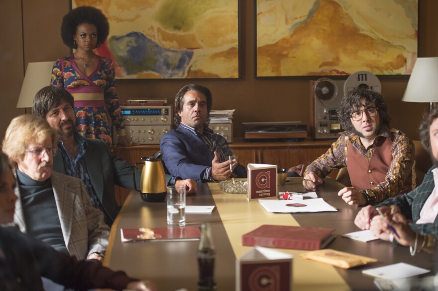 Still of HBO's VINYL: J.C. MacKenzie as Skip Fontaine, Ray Romano as Zak Yankovick, Susan Heyward as Cece Matthews, Bobby Cannavale as Richie Finestra, P.J. Byrne as Scott Levitt. 