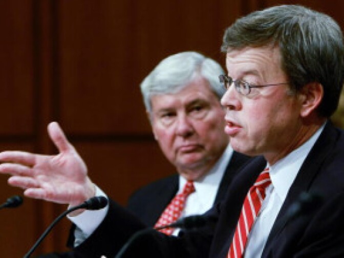 Former Sen. Bob Graham (L), chairman of the Commission on the Prevention of Weapons of Mass Destruction Proliferation and Terrorism, looks on as former Sen. Jim Talent (R) testifies before the Senate Homeland Security and Governmental Affairs Committee December 11, 2008 in Washington, DC.