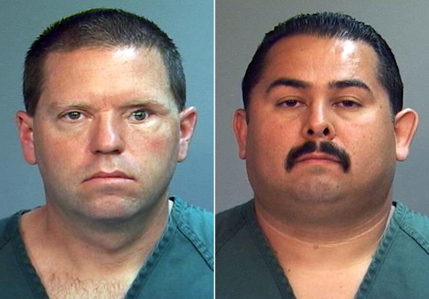 FILE - This combo made from file photos provided by the Orange County District Attorney's office shows former Fullerton Police Officers Jay Cicinelli, left, and Manuel Ramos.  It’s been more than two years since his son died in a violent confrontation with police, but Ron Thomas still can’t shake the echoes of that night. A surveillance camera that captured the incident recorded 37-year-old Kelly Thomas calling for his father nearly 30 times. As the minutes tick by, Thomas’ desperate screams for his father trail off into groans of “Daddy” and then stop altogether as he loses consciousness. Ron Thomas was nowhere near the scene that night as six officers kneed, shocked and pinned his son down in a nearly 10-minute brawl, but he has stood by him ever since, championing a call for justice that heads to court Monday, Dec. 2, 2013, for two of the six officers involved. (AP Photo/Orange County District Attorney, File)