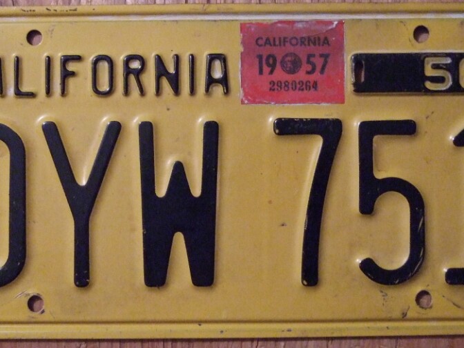 The yellow license plate with black lettering was used in California in the 1950s.
