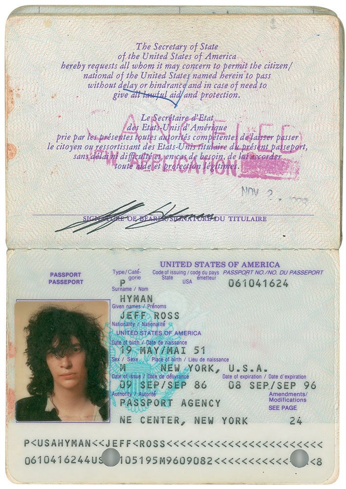 Joey Ramone’s personal passport, number 061041624, issued on September 9, 1986. Passport measures 3.5 x 5, and contains his printed personal information on the inside front cover, signed on the adjoining page in black ink with his real name, “Jeff Hyman.” 