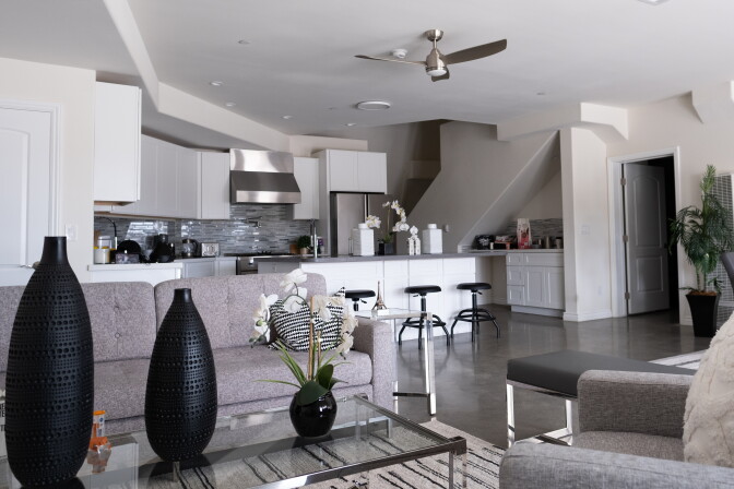 A grey and white living room and kitchen with black accented furniture and decorations.