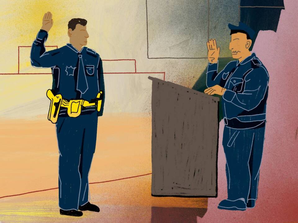 Illustration shows an officer with his hand raised taking an oath next to another officer at a lectern. 