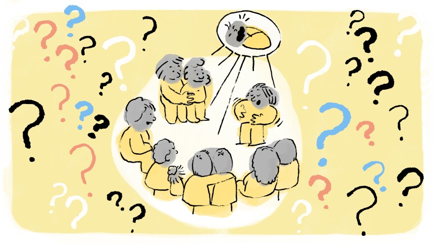 Drawing of people thinking about babies while surrounded by question marks.