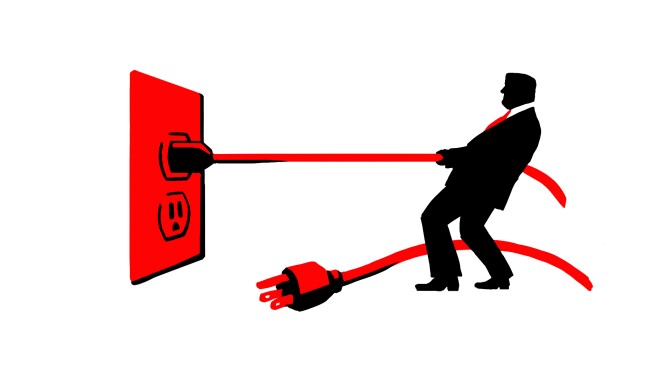 An illustration depicting a person wearing a suit and red tie pulling electrical chords from a power outlet.