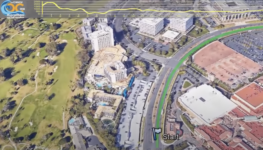 An overview map shows tall buildings with a start position parked with a white flag and then the route indicated in green