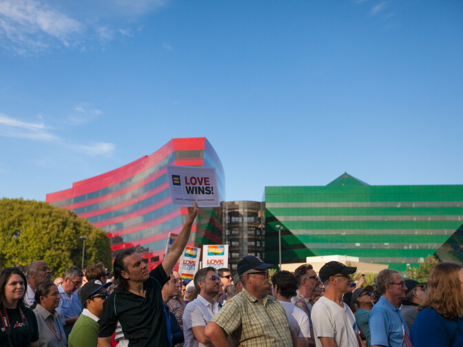 The crowd listens to speakers at the Decision Day Rally in West Hollywood Park, on Friday, June 26, 2015. 