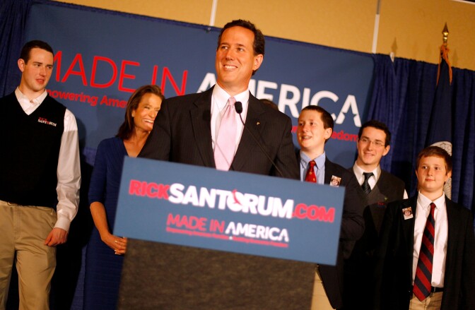 LAFAYETTE, LA - MARCH 13:  Republican presidential candidate, former U.S. Sen. Rick Santorum addresses supporters after winning the both Alabama and Mississippi primaries on March 13, 2012 in Lafayette, Louisiana. Louisiana's primary will be decided on March 24th. (Photo by Sean Gardner/Getty Images)