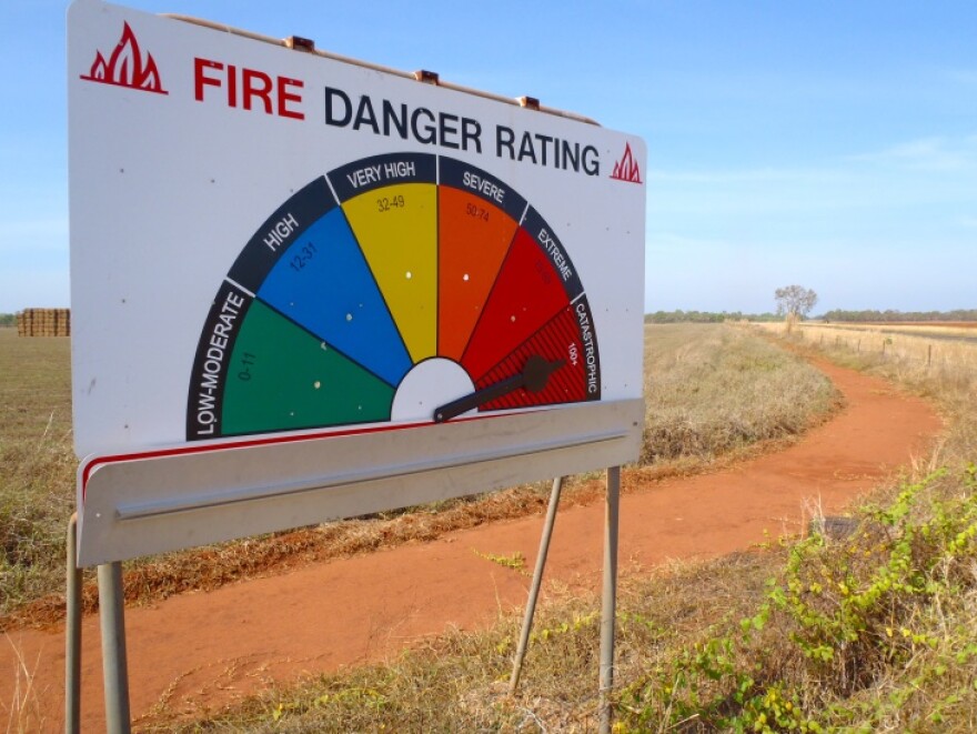 A dial with low-moderate in green at far left and catastrophic at the fire right in deep red is set to catostrophic
