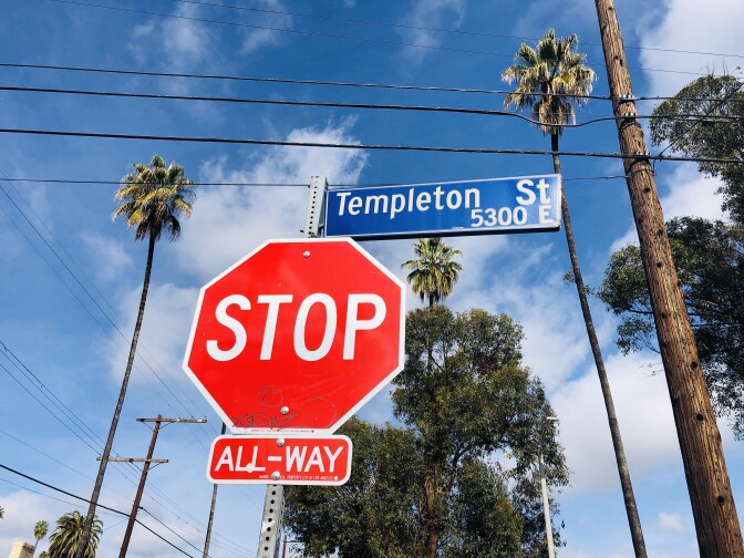 The 5300 block of Templeton Street in El Sereno, where several homes have been the target of anti-gentrification graffiti.