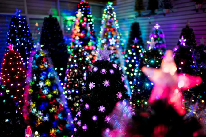 This photo shows multiple Christmas trees standing in a display room of a Christmas tree factory in Yiwu, China. The room has dim lighting, allowing the lights on the trees to shine brightly in various colors. The trees are cone shaped, and many have a star on top.