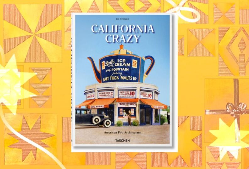 The quirky cover of a coffee table book called "California Crazy": It features a drive up restaurant that was designed so that a giant teapot structure is built on top of it — unmissable to cars driving by. The teapot is advertising giant thick malts for all of 10 cents, and the building is decorated with signs of similarly low prices from days gone by. A vintage automobile is parked out front. The image is set against a festive gold background accented with images of stars, gift boxes and ribbons.