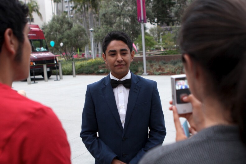 Students from the Center Theatre Group Student Ambassadors Program interview a high school student about arts education in downtown Los Angeles. The student ambassadors are part of an advocacy team that's trying to secure funding for arts education under Governor Jerry Brown's new LCFF budget process.